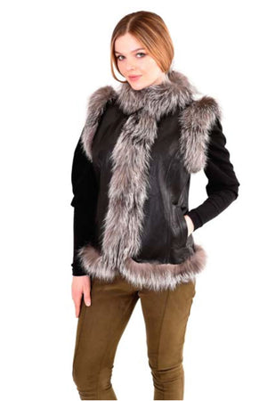 Leather Vest With Silver Fox Trim